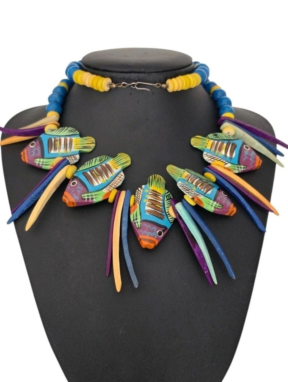Vintage Hand Painted Wooden Tropical Fish Statement Necklace Boho Folk Art